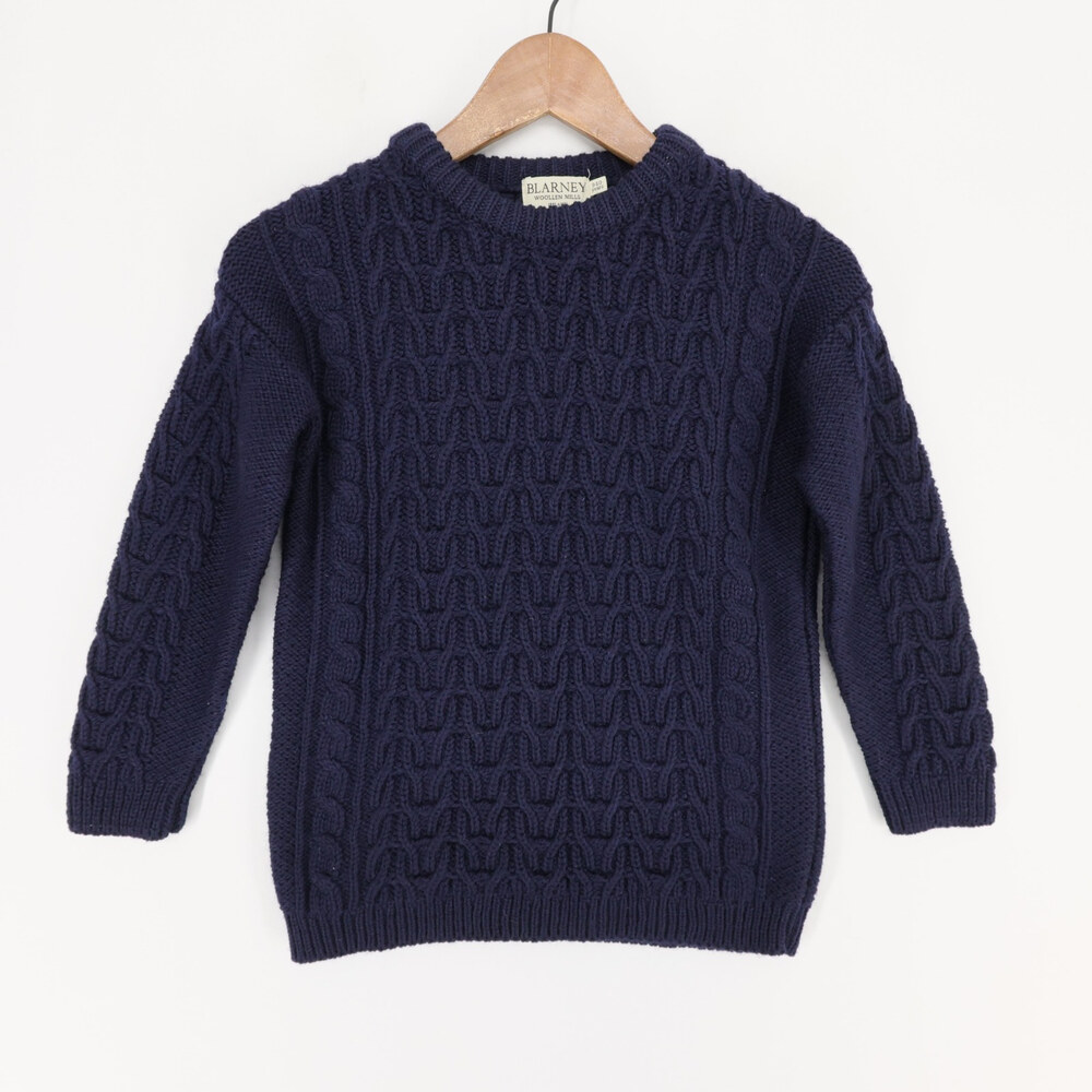 Blarney Woollen Mills Sweater Youth 9-10 Navy Blue Cable Knit 100 Merino Wool